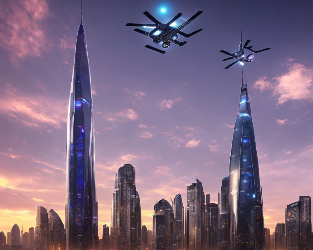 Futuristic city skyline with skyscrapers and drones at dusk