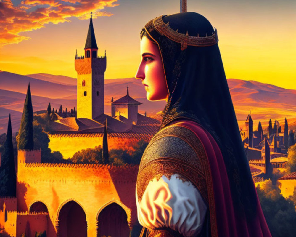 Historical woman with cross silhouette at sunset castle.