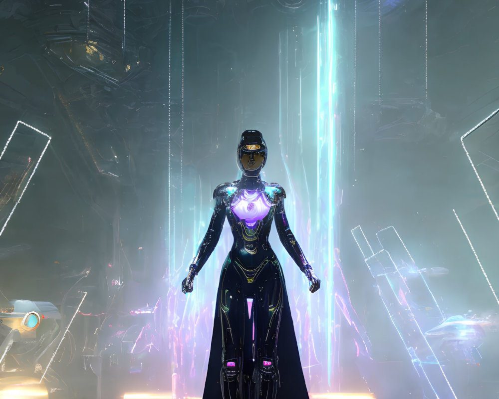 Futuristic female figure in black suit with glowing blue accents amid neon lights