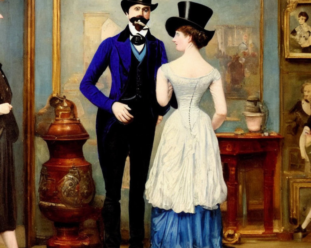 Victorian-era couple in blue and black attire at art gallery