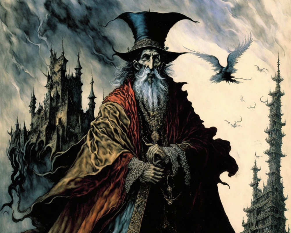 Bearded wizard in red cloak under cloud-swirled sky