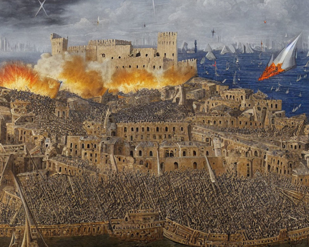 Naval Siege Painting: Ships Attack Fortified City in Chaotic Battle