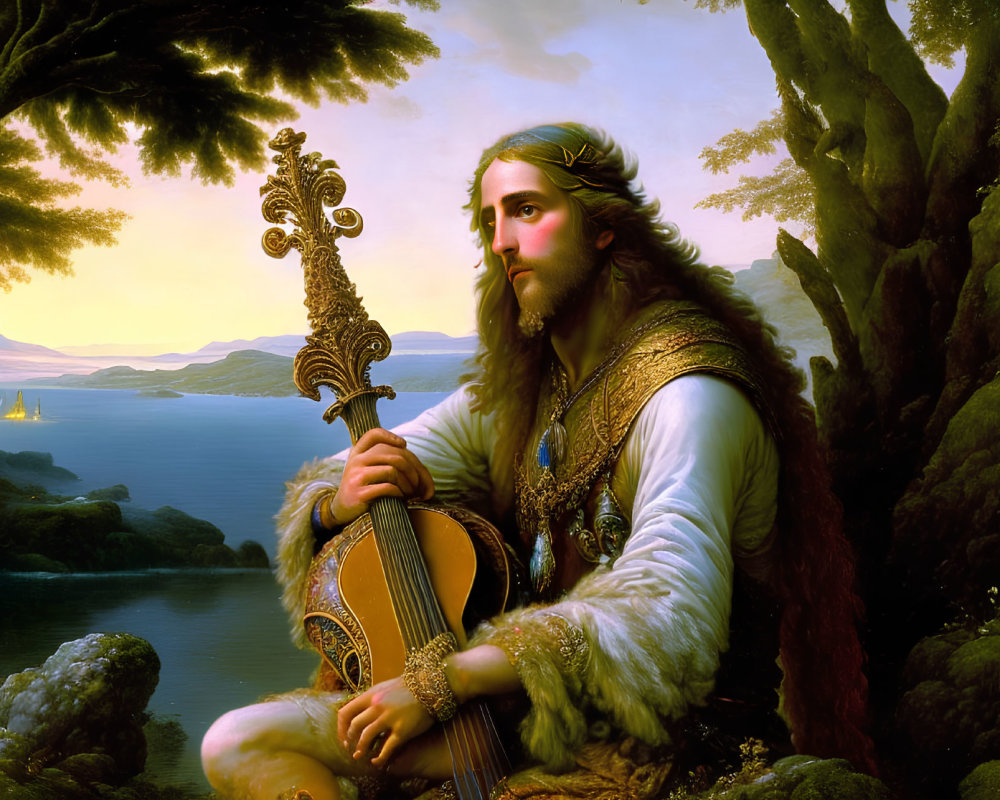 Medieval figure with lyre by serene lake at twilight