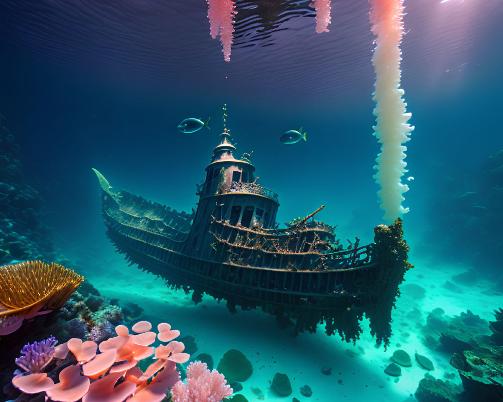 Sunken ship surrounded by coral reefs and mystical jellyfish in underwater scene