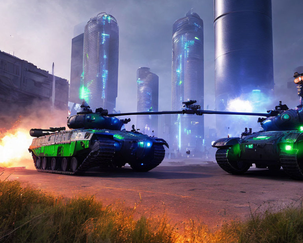 Futuristic tanks with neon lights on urban battlefield at dusk