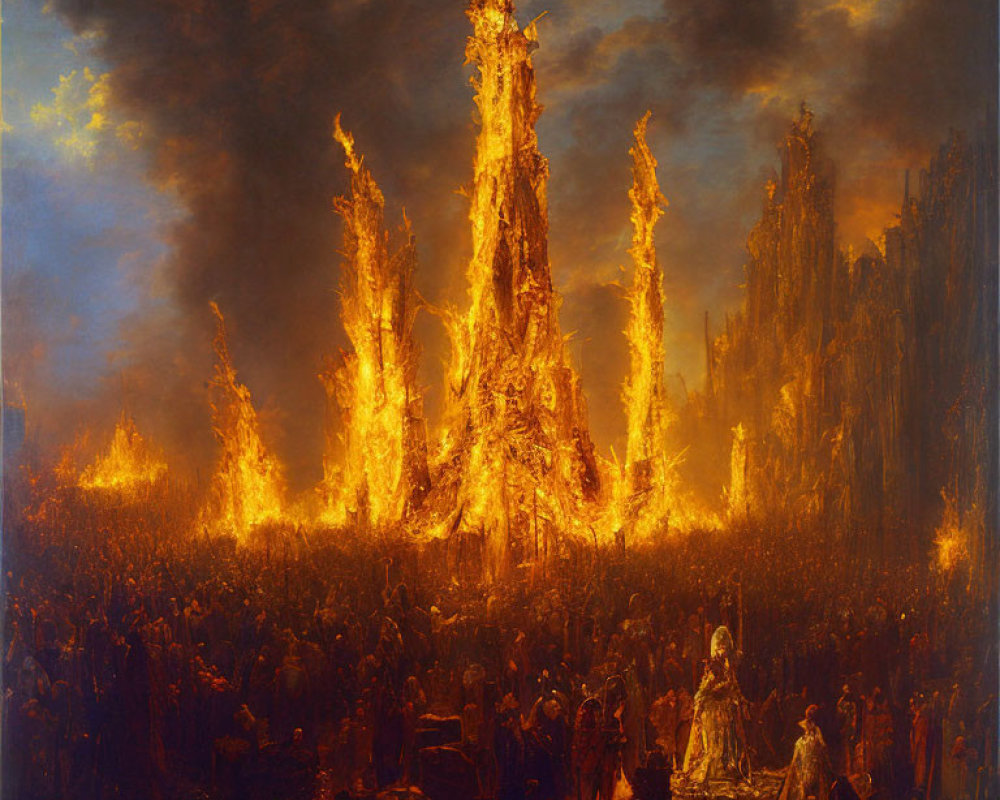 Dramatic painting of burning gothic structure at night