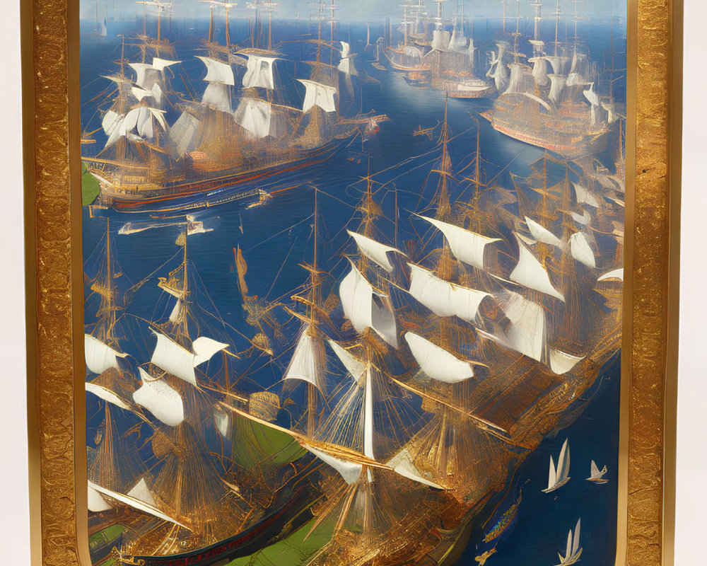 Vertical Historical Harbor Painting with Sailing Ships in Ornate Gold Frame