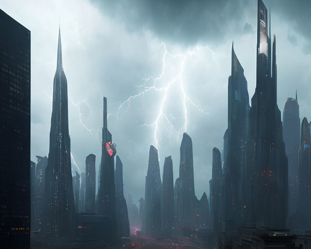 Futuristic cityscape with towering skyscrapers under stormy sky