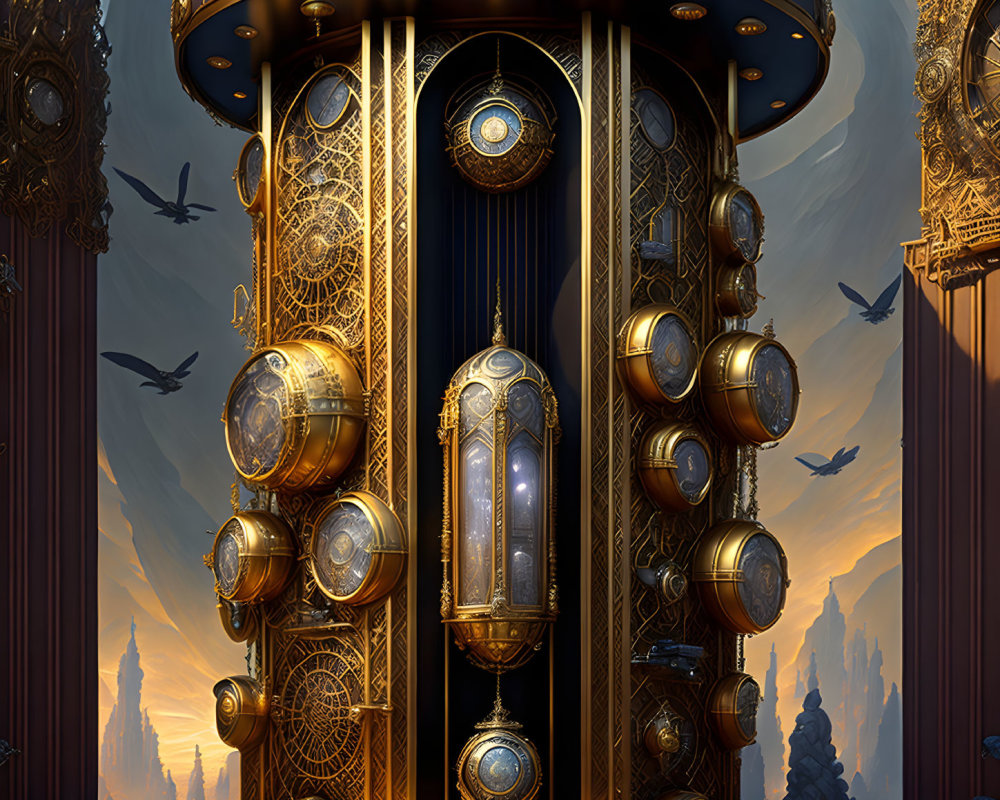 Golden cylindrical structure with clockwork features surrounded by birds in a futuristic cityscape.