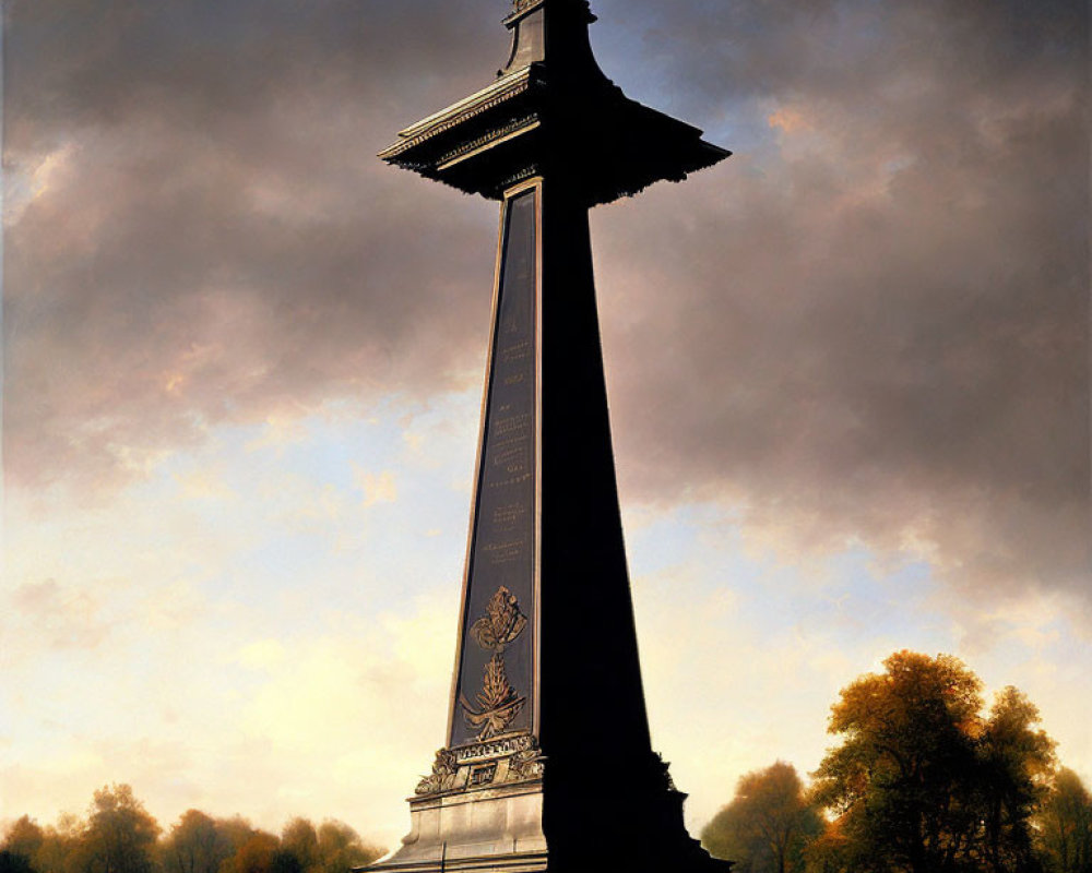 Monumental structure against dramatic dusk sky and silhouetted trees