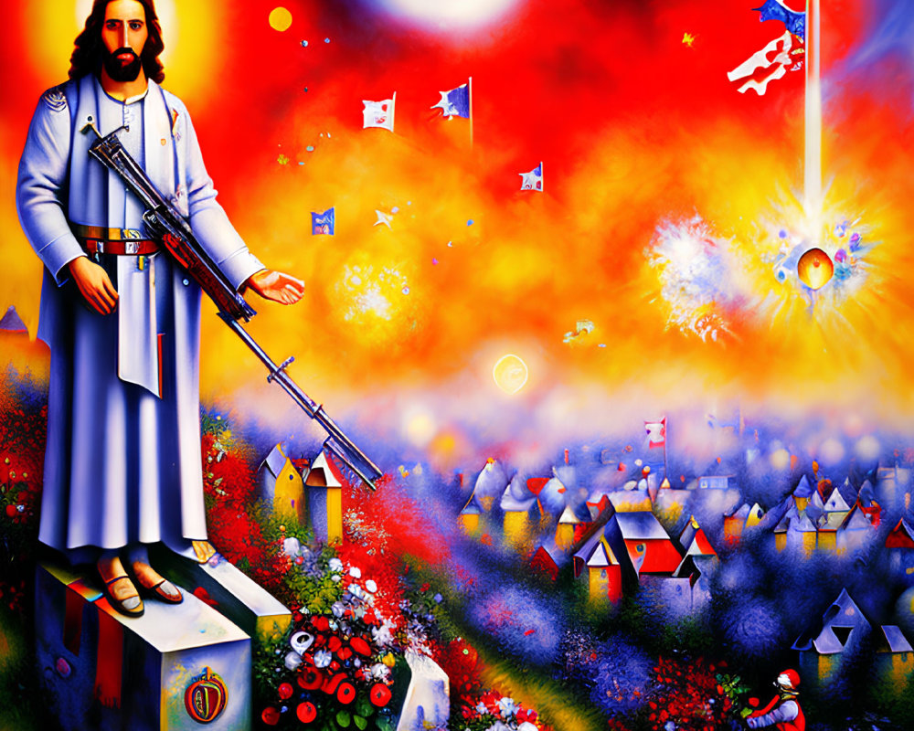 Colorful artwork of armored figure resembling Jesus with sword, fiery skies, celestial explosions