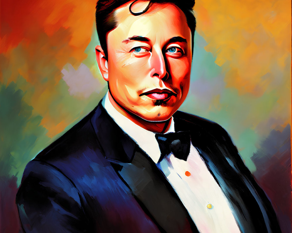 Vibrant stylized portrait of a man in tuxedo on orange backdrop