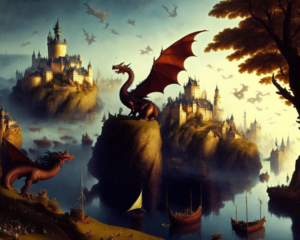 Fantastical scene with dragons, castle, ships, and birds at dusk