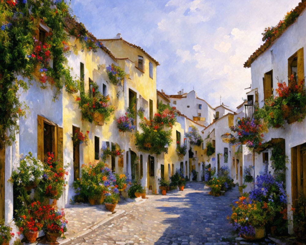 Quaint cobblestone street with white buildings and colorful flowers