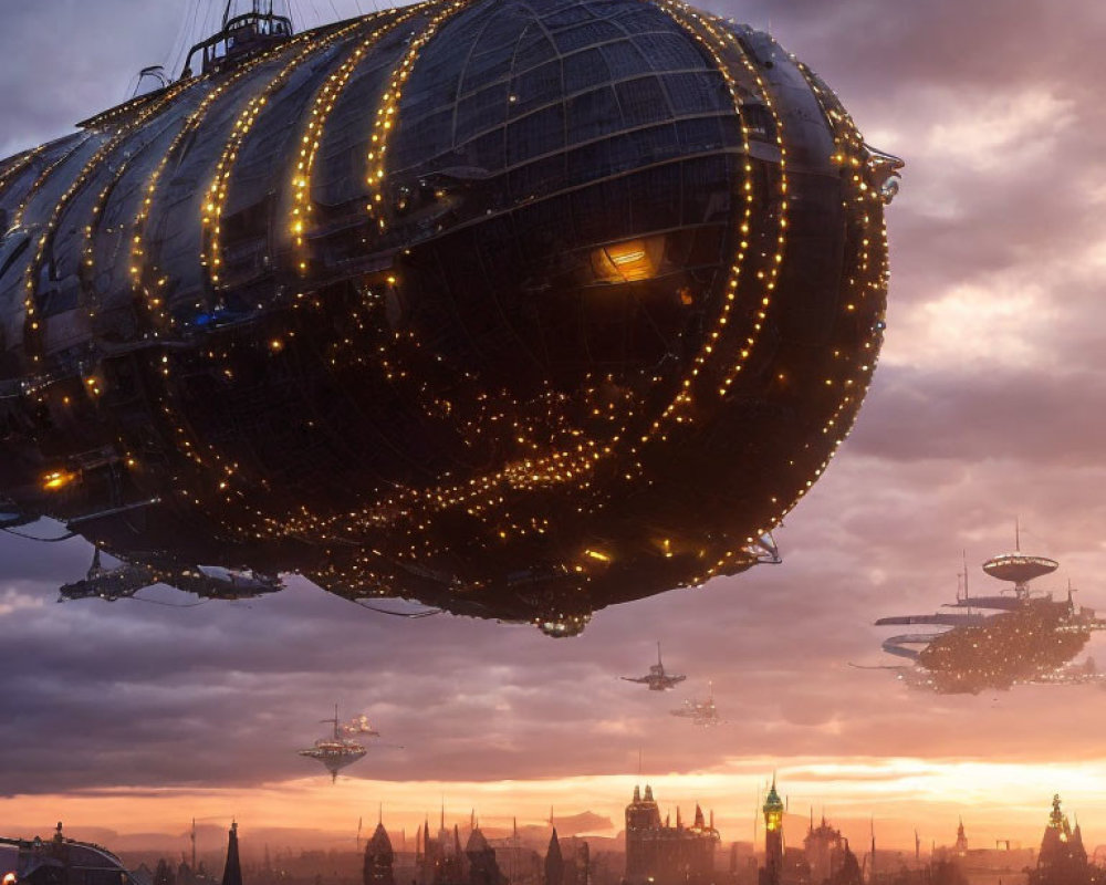 Steampunk cityscape with grand airship and flying vessels at dusk