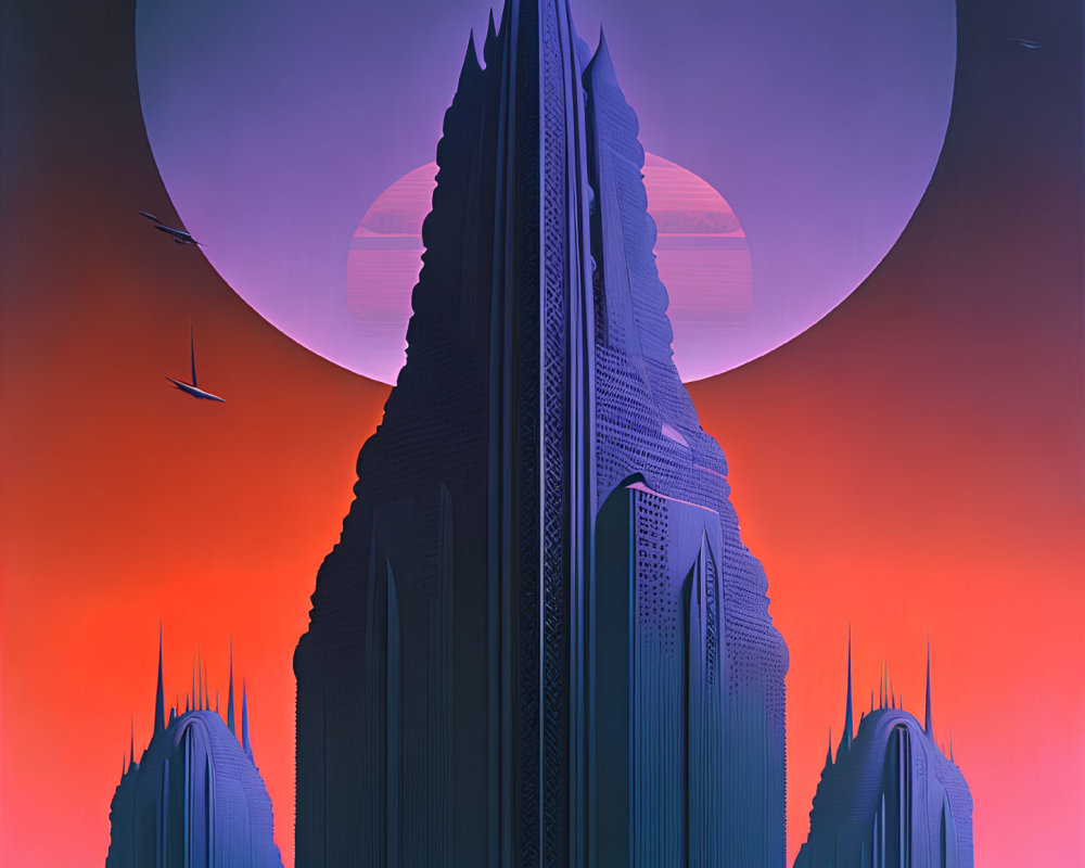 Futuristic cityscape with tall skyscrapers under purple-orange sky