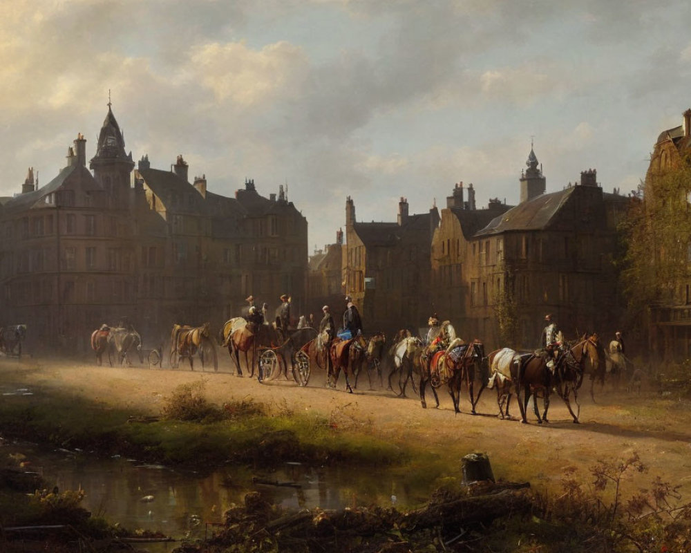 19th-Century Painting: Bustling Street Scene with People and Horses