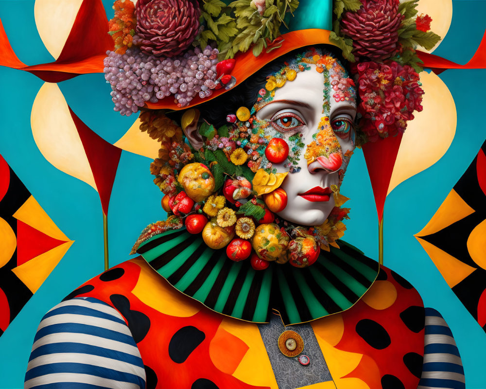 Colorful Portrait of Person with Floral and Fruit Makeup on Vibrant Geometric Background