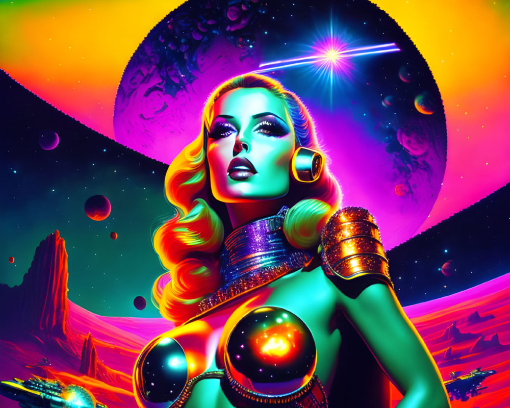 Colorful space-themed artwork: stylized woman in futuristic attire with vibrant hair, planets, neon hues