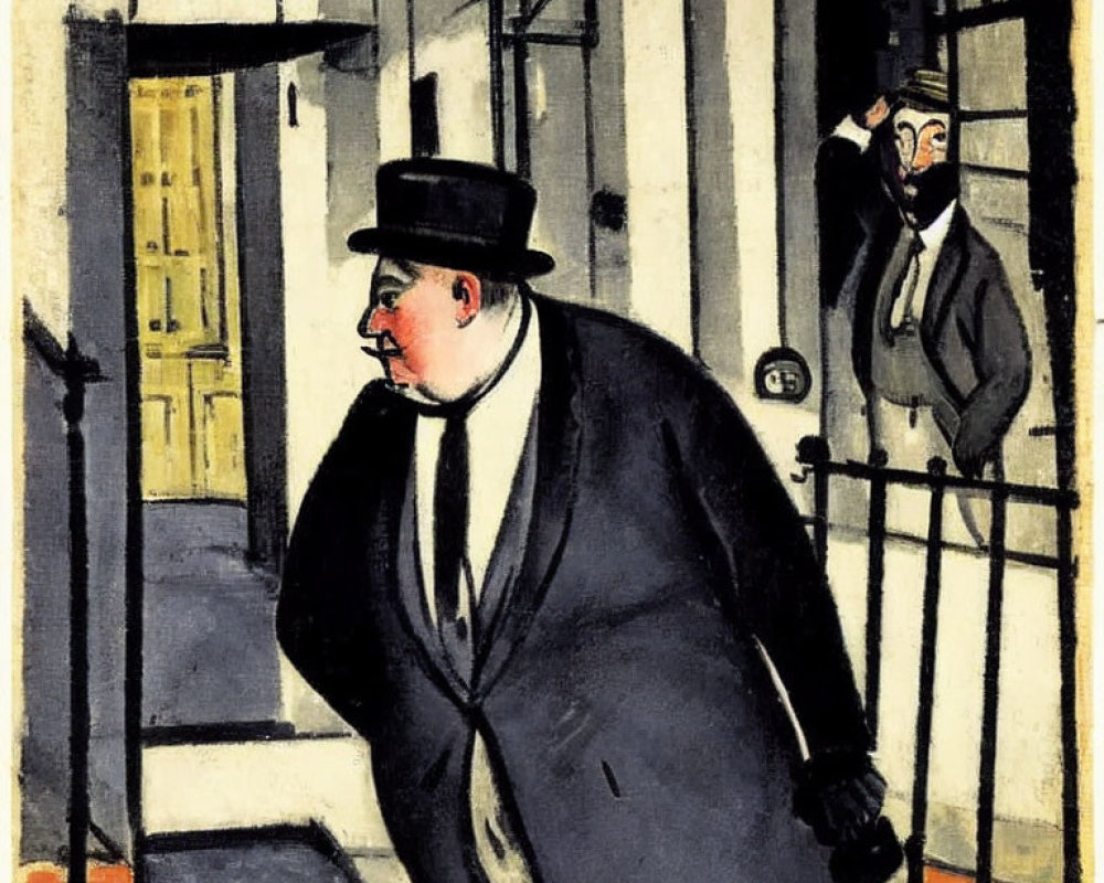 Two men in bowler hat and coat sneaking by a house, one peeking around a door