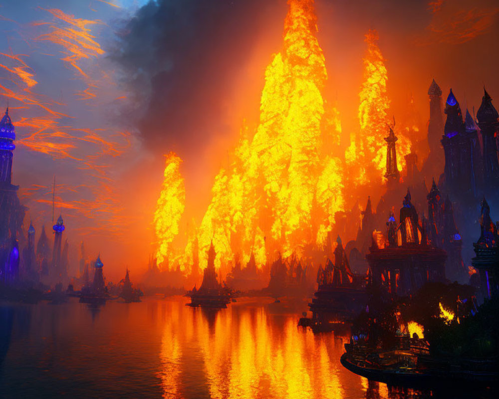 Fantasy cityscape with towering flames and silhouetted spired buildings