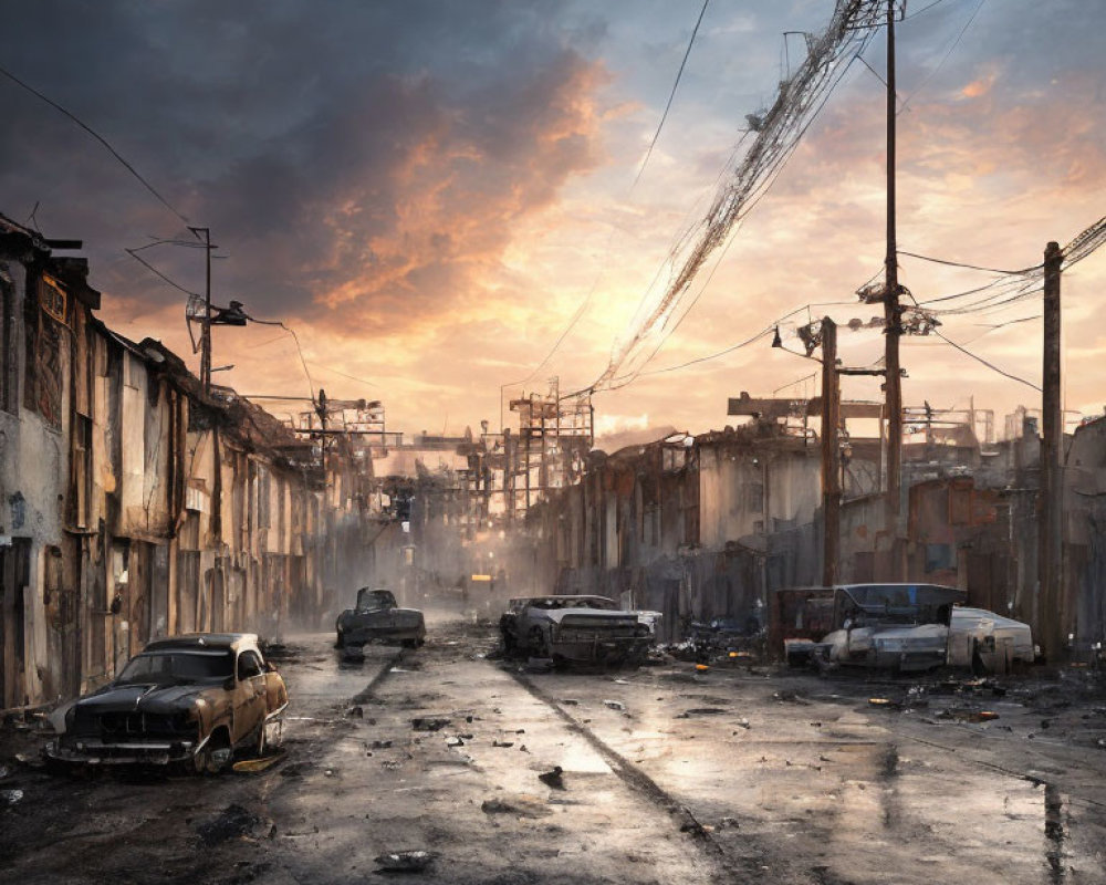 Desolate urban street at sunset with dilapidated buildings and abandoned cars