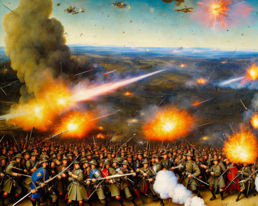 Colorful painting of soldiers in combat with fiery explosions and aerial warfare