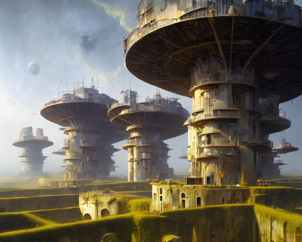 Futuristic towering structures amidst ruins and floating orbs