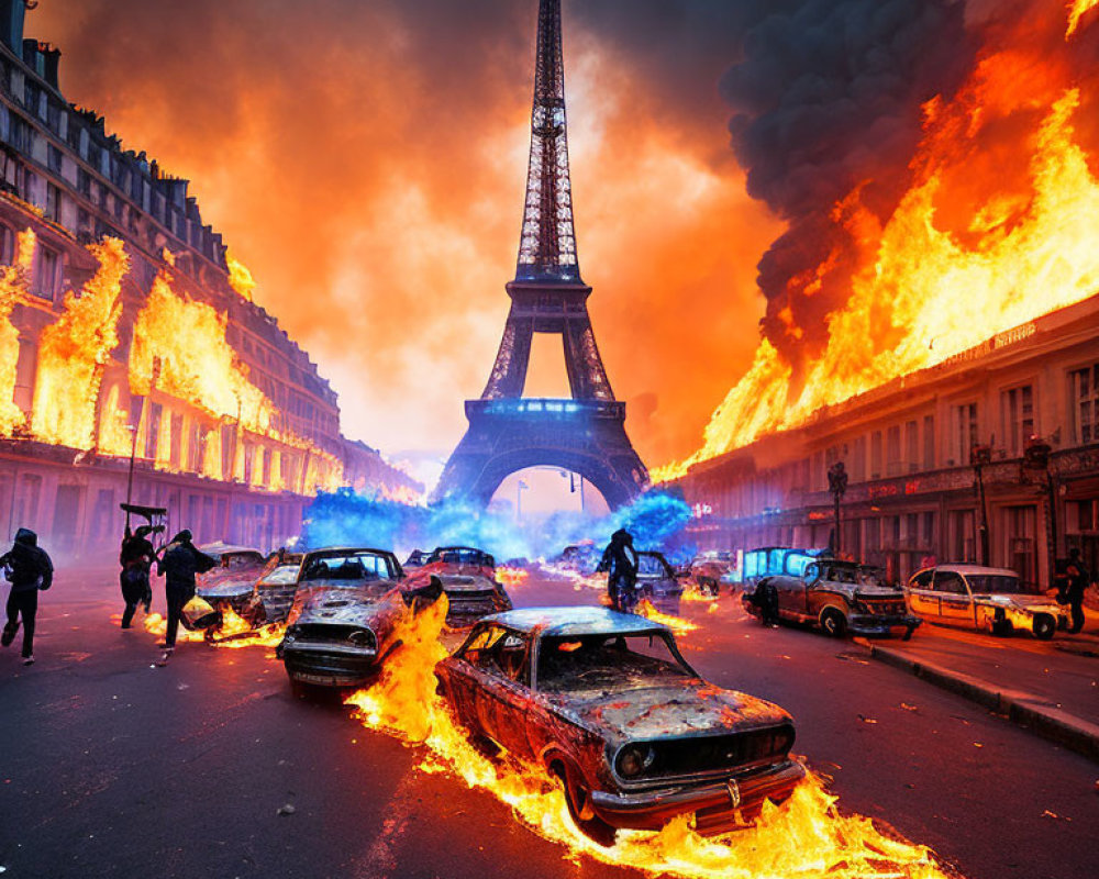 Dramatic scene with Eiffel Tower in fiery chaos