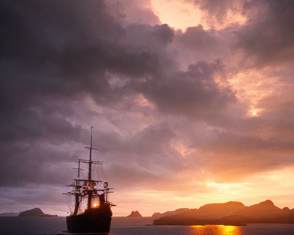 Tall ship sailing at sunset with vibrant clouds and reflections in calm sea.