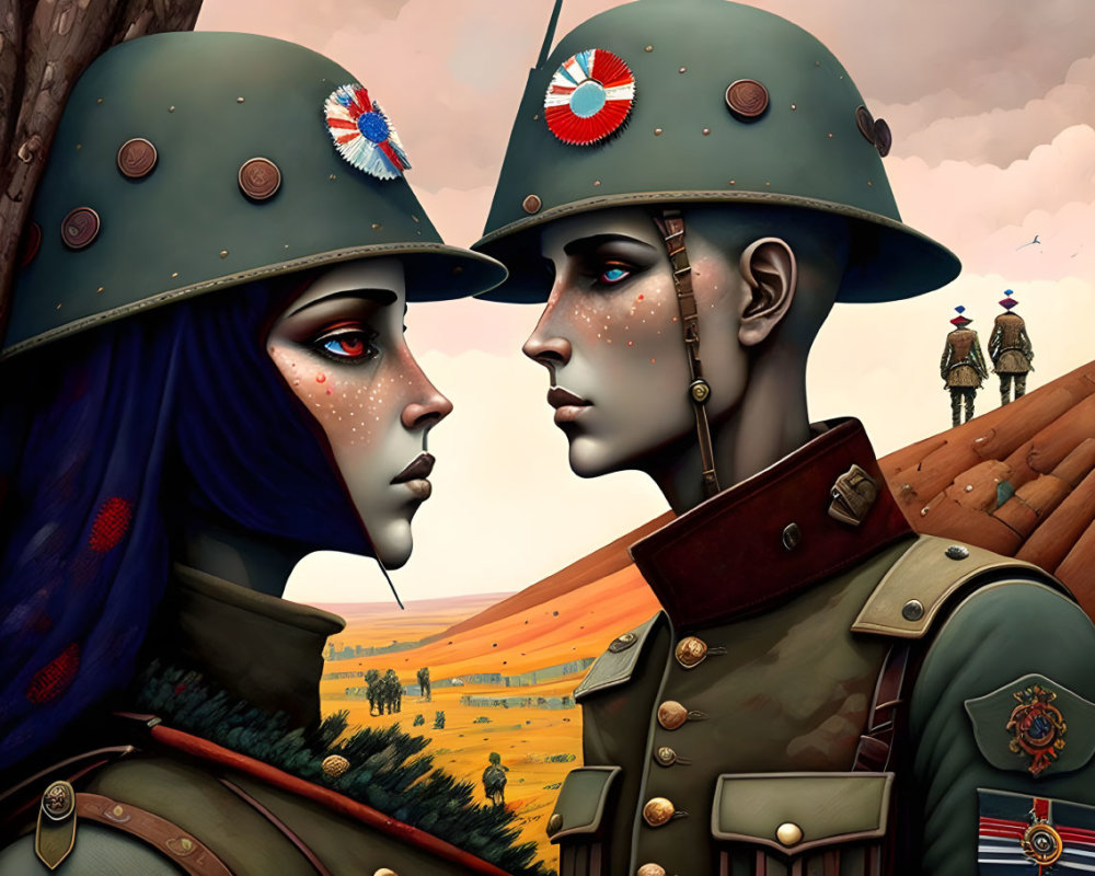 Stylized soldiers with decorative helmets in trench landscape