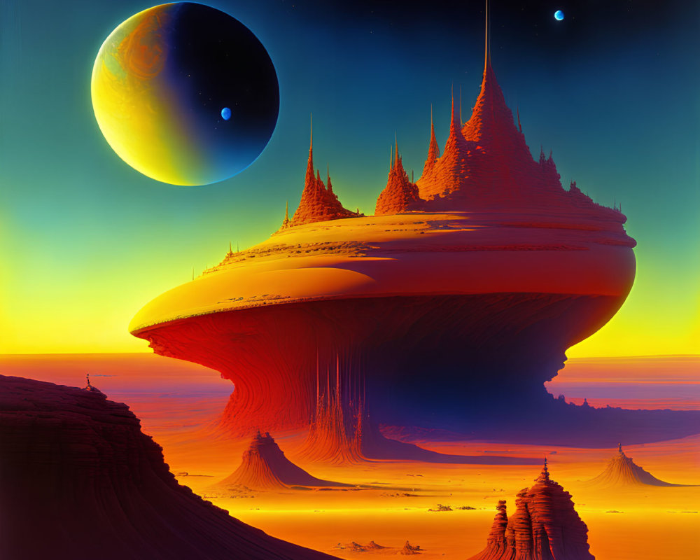 Sci-fi landscape with floating rocks, moon, starry sky, and sunset gradient