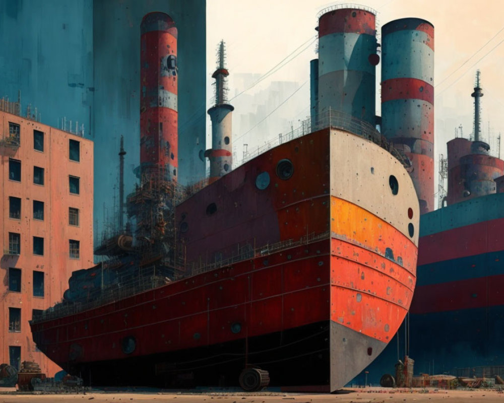 Abandoned industrial ships and buildings in a dystopian setting