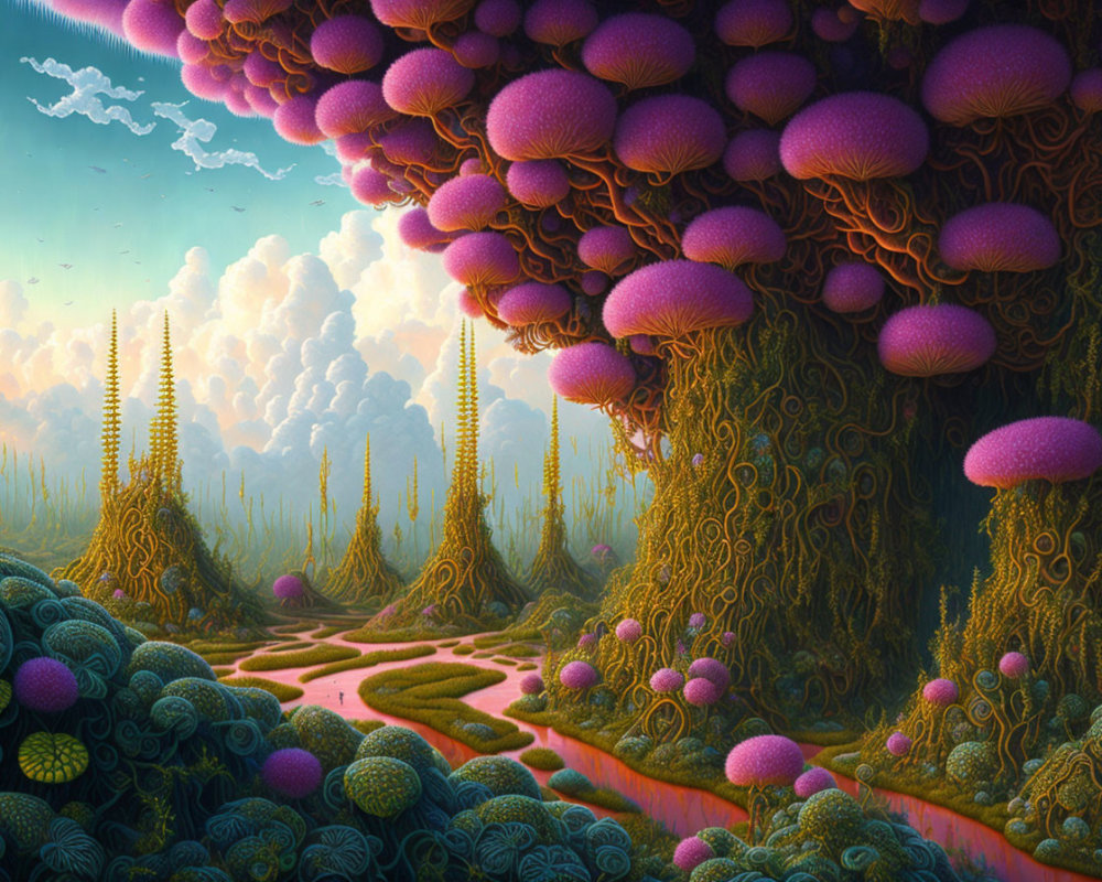 Fantasy Landscape with Mushroom Towers, Pink River, and Hazy Sky