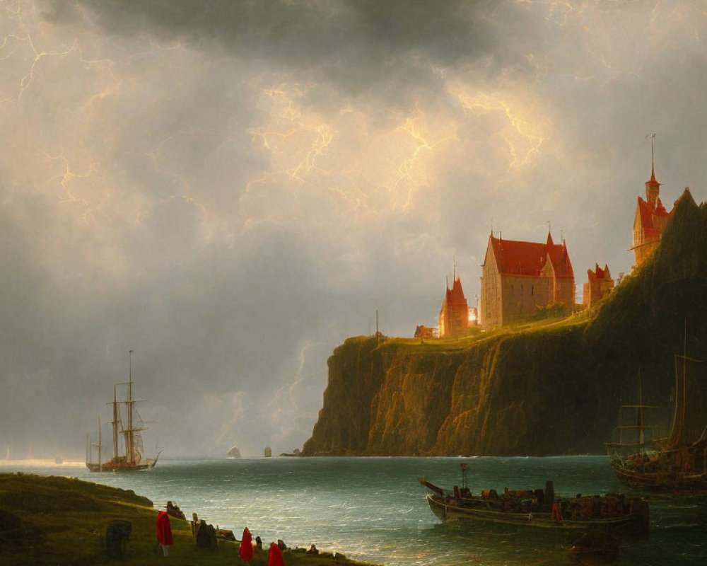 Stormy seascape with castle, ships, figures in red cloaks, and lightning