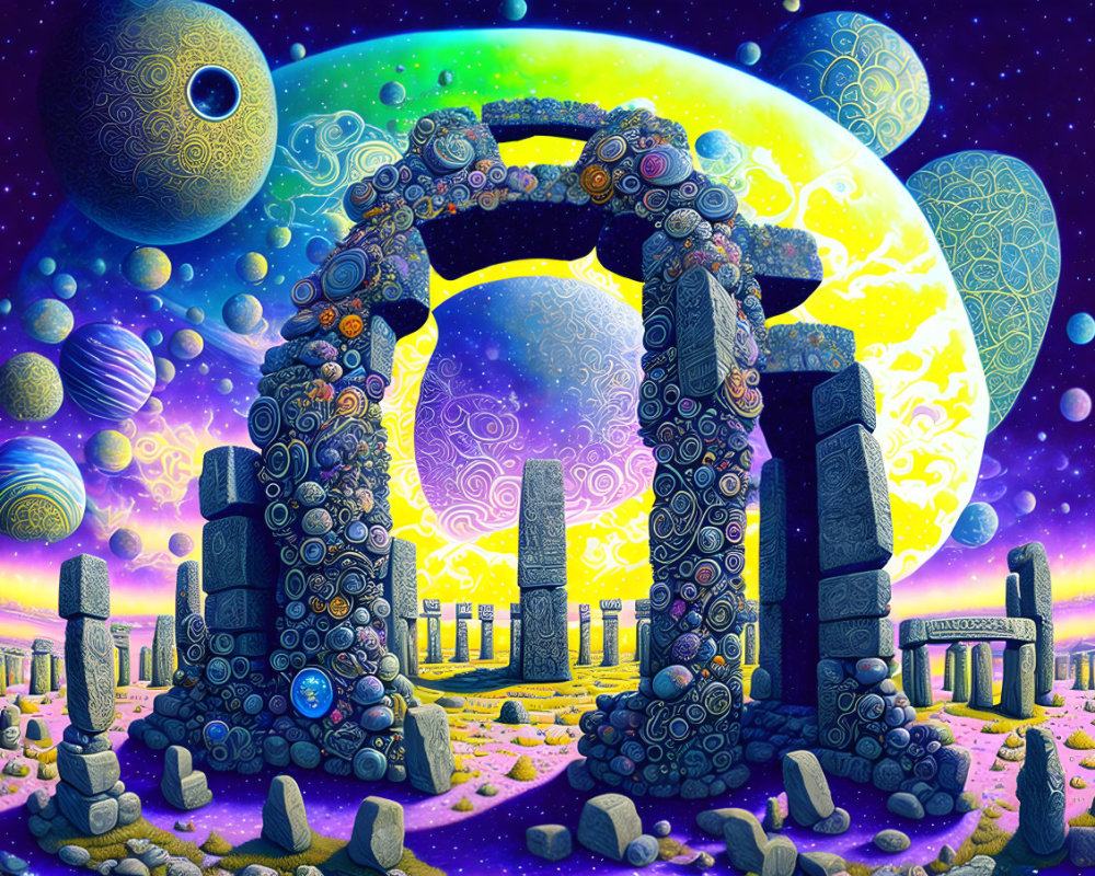 Colorful Stone Archway and Megaliths in Cosmic Setting