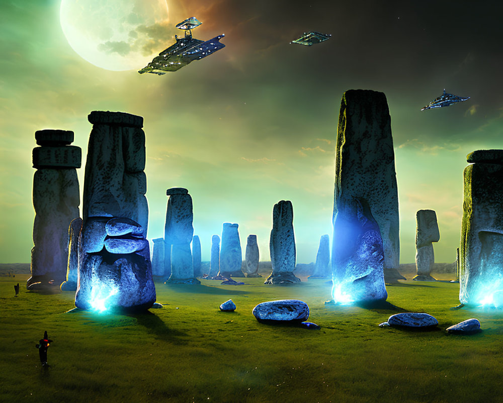 Fantasy Stonehenge with glowing blue stones and futuristic ships