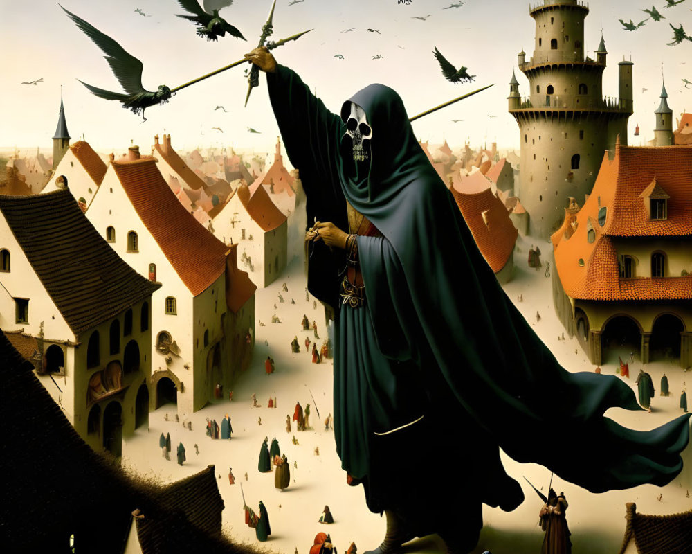 Grim reaper, dragon, and medieval town in dark sky scene