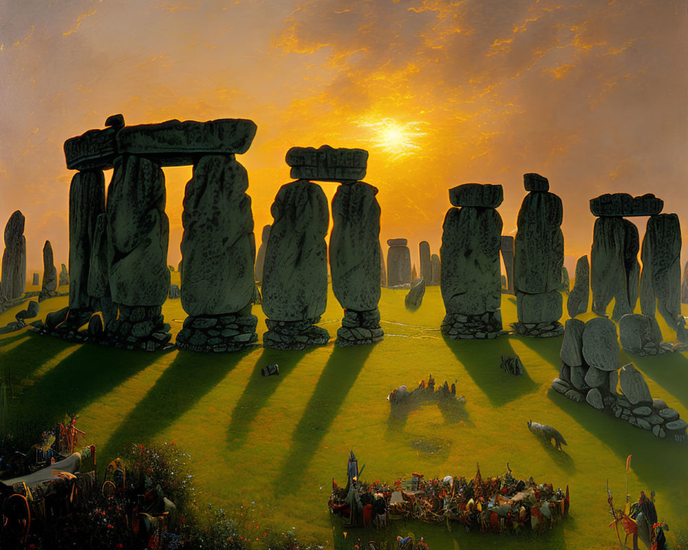 Stonehenge artwork: Vibrant sunset, historical figures, long shadows