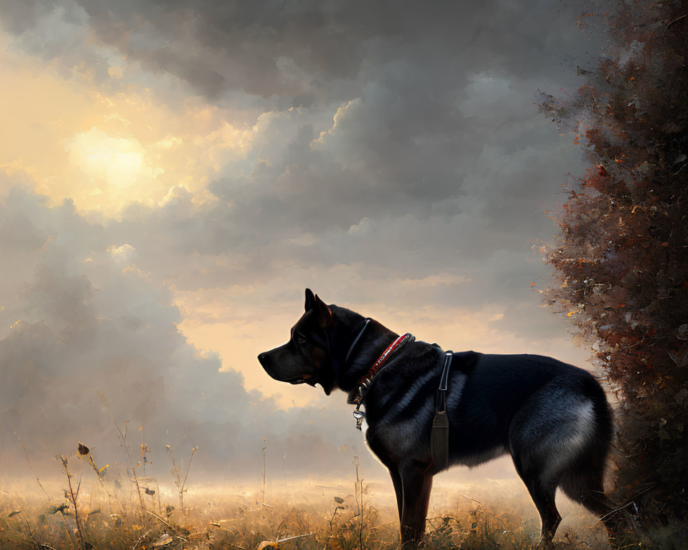 Black dog in misty field at dusk with sunlight through autumn trees