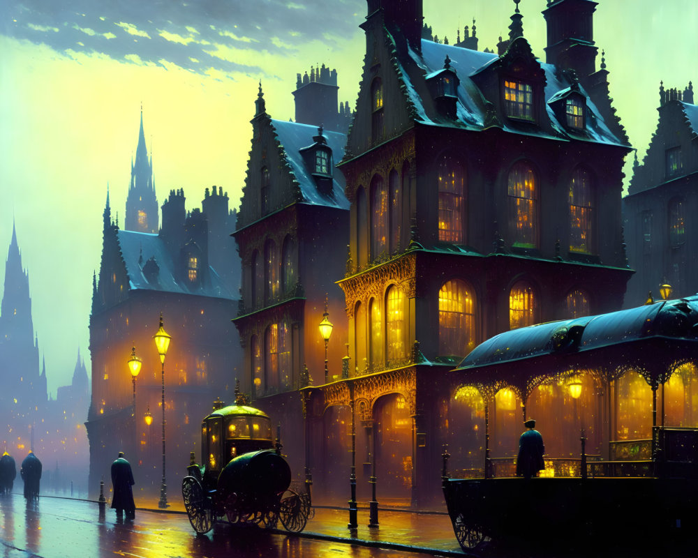 Victorian-era street scene with illuminated buildings and horse-drawn carriage at twilight