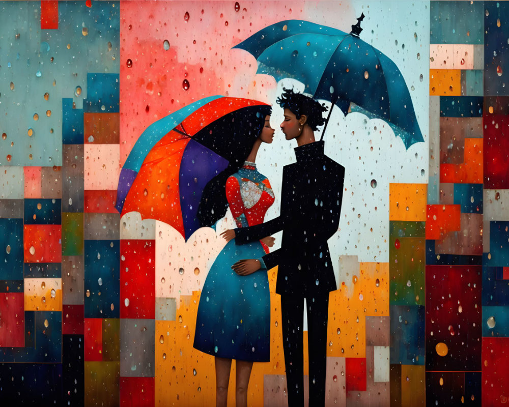 Vibrant Couple Embracing Under Umbrellas in Rainy Scene