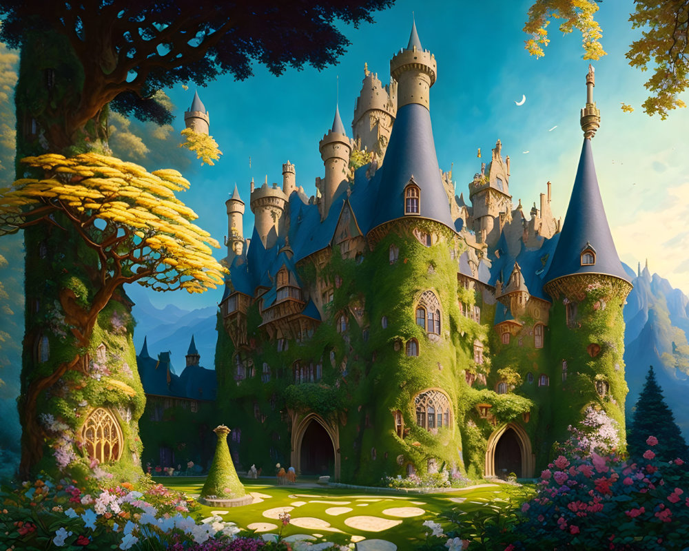 Majestic castle covered in ivy in vibrant magical forest