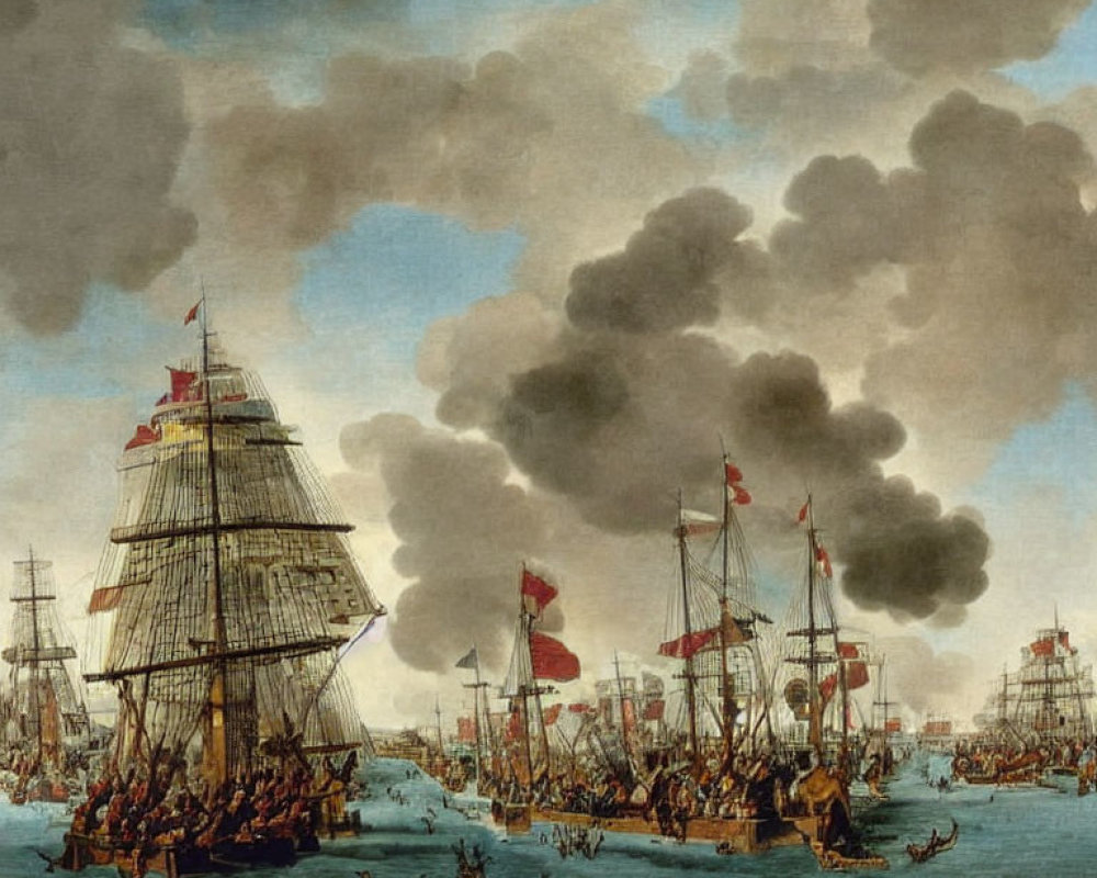 Maritime painting of tall ships in battle on calm seas