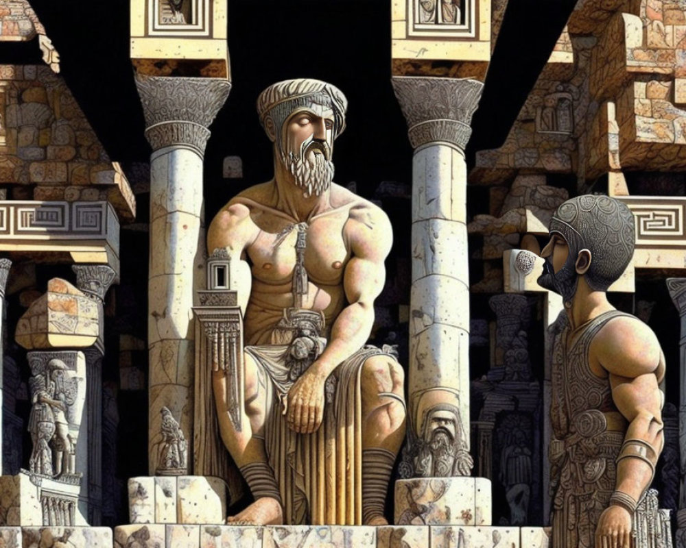 Muscular, bearded king in regal attire on throne with warrior and ancient structures.