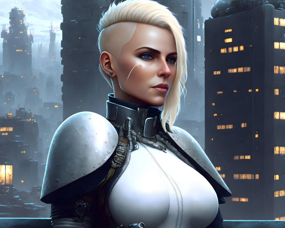 Blonde undercut woman in futuristic armor against cityscape at dusk