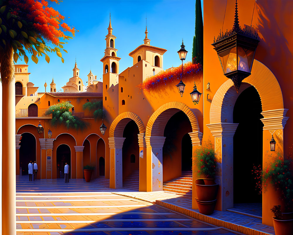 Colorful illustration: Spanish-style plaza with arches, bell tower, blooming trees, and lam