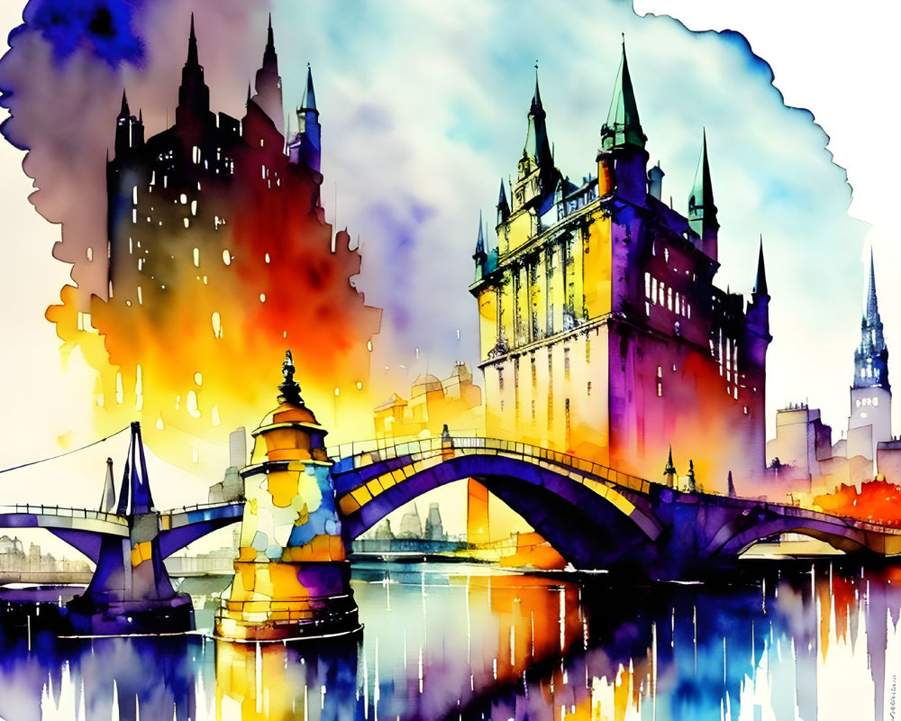 Vivid Watercolor Cityscape with Castle and Bridge