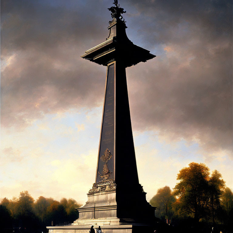 Monumental structure against dramatic dusk sky and silhouetted trees