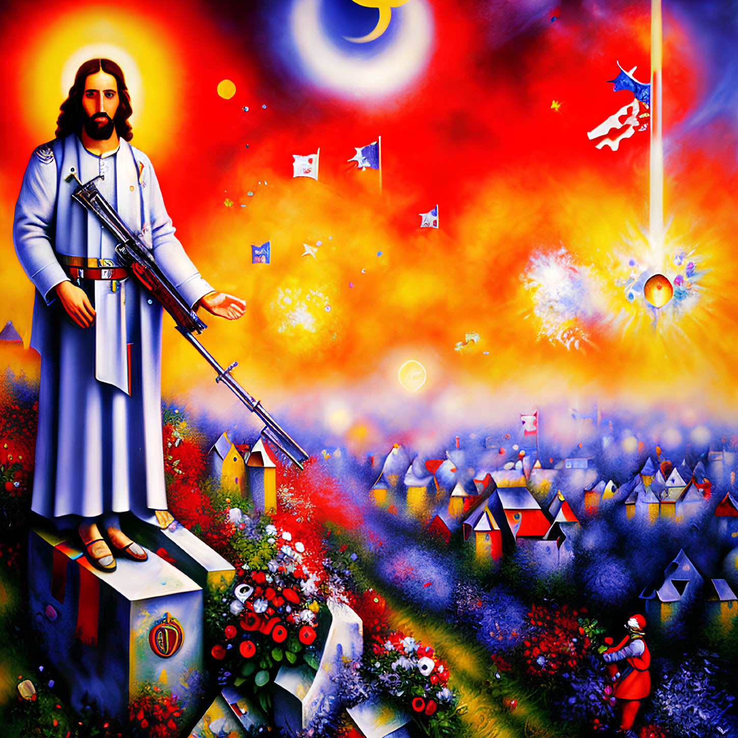 Colorful artwork of armored figure resembling Jesus with sword, fiery skies, celestial explosions